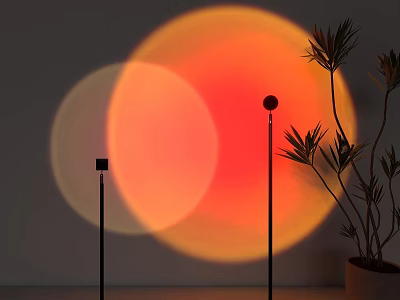 Modern Floor Lamp With Circular Orange Red Light Projection Against Gray Wall And Potted Plant 3d model