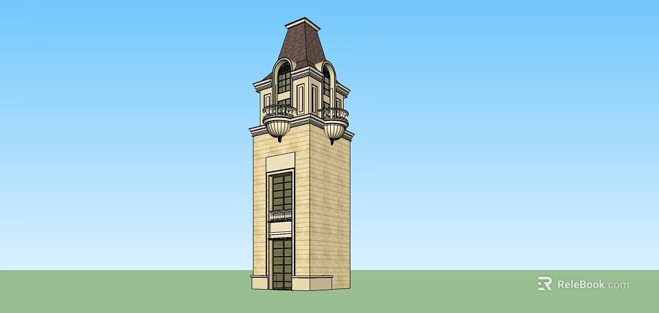 Elegant Stone Tower With Dark Brown Roof Ornate Balconies And Classic Windows 3d model 