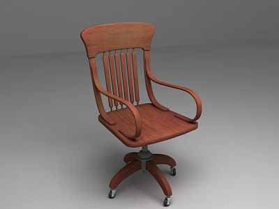 Wooden Armchair With Slatted Back Design And Swivel Wheeled Base 3d model
