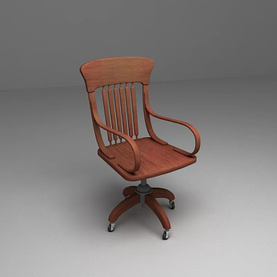 Wooden Armchair With Slatted Back Design And Swivel Wheeled Base 3d model