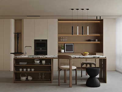 Modern Restaurant Kitchen Interior With Beige Cabinets Marble Island Counter Hanging Lights And Stools 3d model