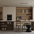 Modern Restaurant Kitchen Interior With Beige Cabinets Marble Island Counter Hanging Lights And Stools