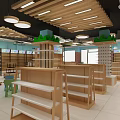 Food Specialty Store Interior With Bright Lighting Blue Walls Green Decor And Wooden Shelves