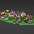 Vibrant Mixed Blossoms on Oval Grass Lawn with Wooden Boxes and Stumps