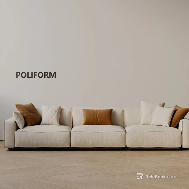 Poliform Beige Three-seater Sofa With Brown And Beige Cushions Light Wall Wooden Floor 3d model 