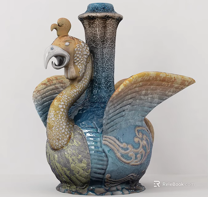 Bird Shaped Ceramic Decorative Ornament Set With Blue Yellow Intricate Patterns For Home Decor 3d model 