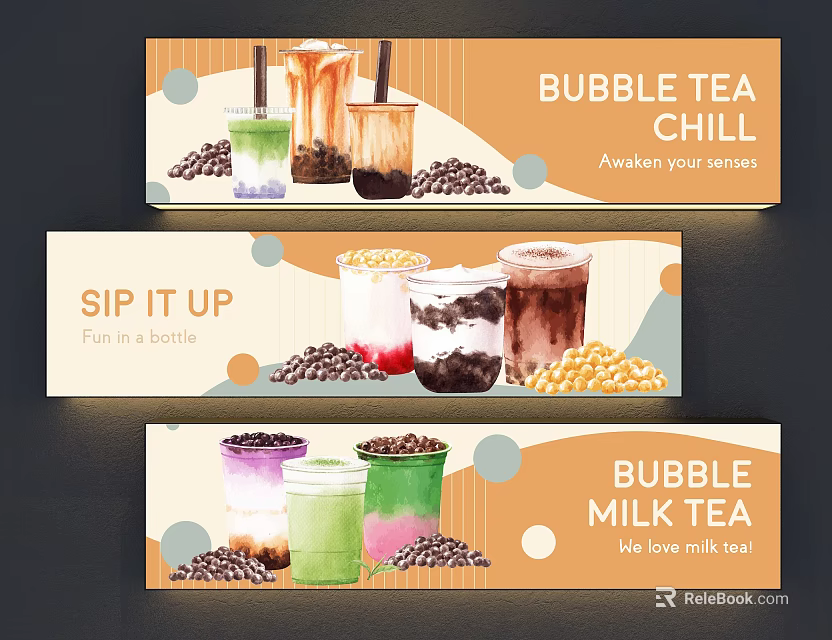 Eye Catching Bubble Milk Tea Banner With Drinks And Pearls 3d model