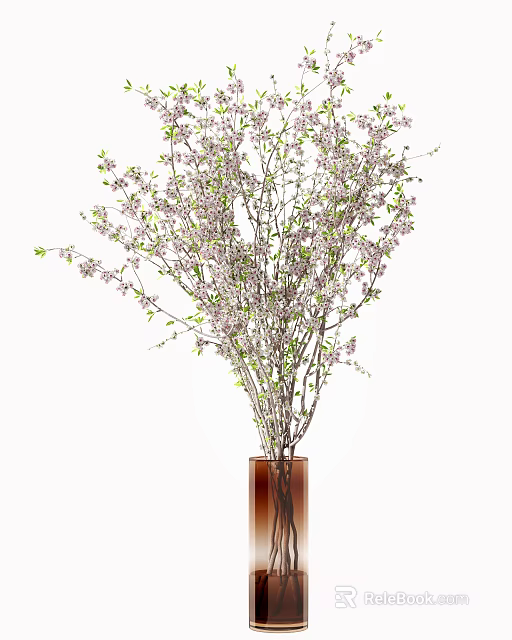 Decorative Brown Vase Featuring Pink Small Flowers And Green Leaf Branches 3d model 