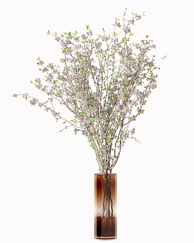 Decorative Brown Vase Featuring Pink Small Flowers And Green Leaf Branches 3d model