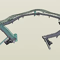 Modern Bridge With Blue Roof Structure Supporting Pillars And Mesh Fences