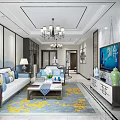 Modern Dining and Living Room Interior With White Cabinets Marble Countertop and Decorative Painting