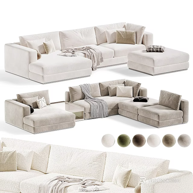 Light Colored Modern Sectional Sofa With Throw Pillows Blanket And Ottoman 3d model 