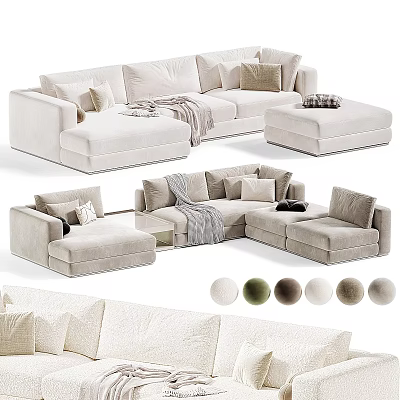Light Colored Modern Sectional Sofa With Throw Pillows Blanket And Ottoman 3d model