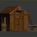 Small Wooden House with Open Door Leaning Ladder Storage Chest And Side Chair