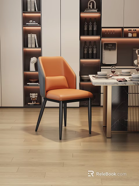 Modern Restaurant Dining Area With Orange Chair Marble Tabletop Wine Rack And Bookshelf 3d model 