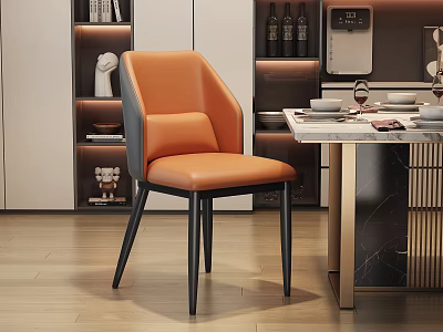Modern Restaurant Dining Area With Orange Chair Marble Tabletop Wine Rack And Bookshelf 3d model