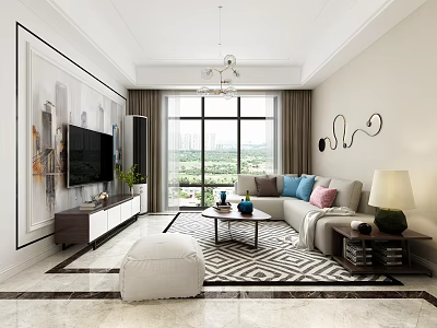Modern Living Room Interior Design With Sofa Cushions Coffee Table Wall Art And Chandelier 3d model