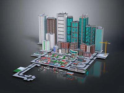 Architectural Urban Model Featuring Tall High Rise Buildings Various Colored Facades Construction Site And Crane 3d model