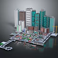 Architectural Urban Model Featuring Tall High Rise Buildings Various Colored Facades Construction Site And Crane