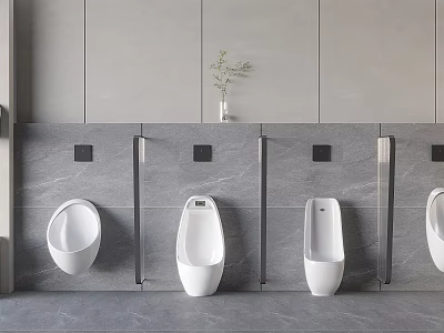Modern Urinals In Minimalist Restroom With Gray Walls And Plant 3d model
