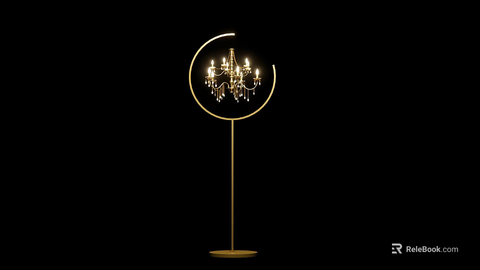 Gold Circular Frame Floor Lamp With Chandelier Design And Illuminated Lights 3d model 