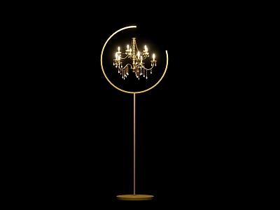Gold Circular Frame Floor Lamp With Chandelier Design And Illuminated Lights 3d model