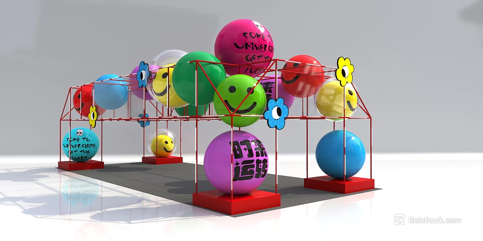 Colorful Smiley Balls Display Installation With Red Metal Frame And Happy Faces 3d model 