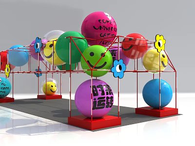 Colorful Smiley Balls Display Installation With Red Metal Frame And Happy Faces 3d model