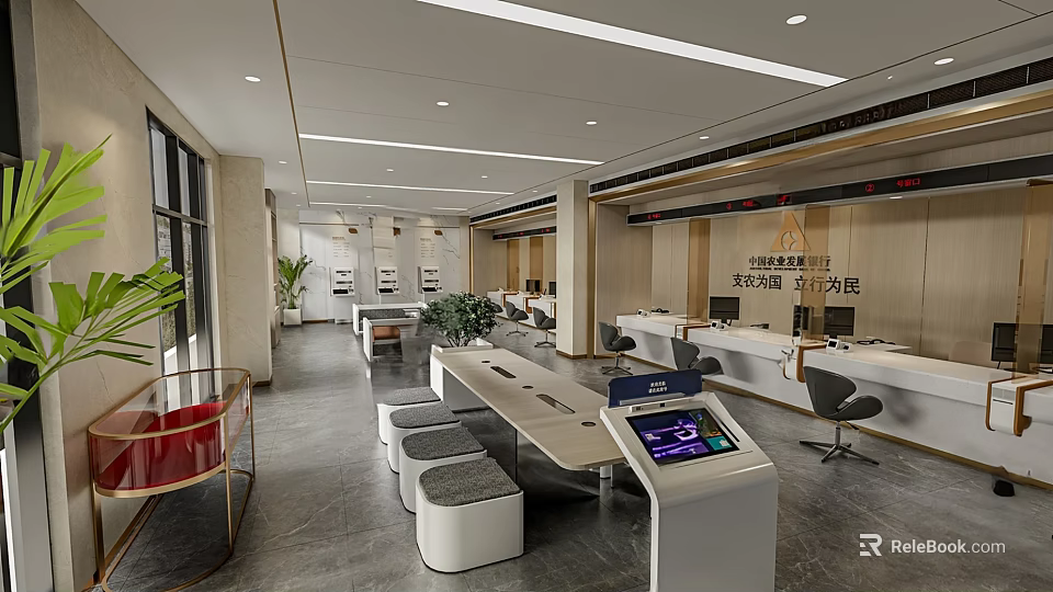 Modern Government Service Hall Interior Design With Service Counters Self-Service Terminals And Waiting Seats 3d model 