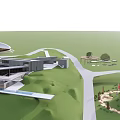 Modern Urban Architectural Complex Featuring Circular Building Low Rise Structures Green Landscape And Water Feature