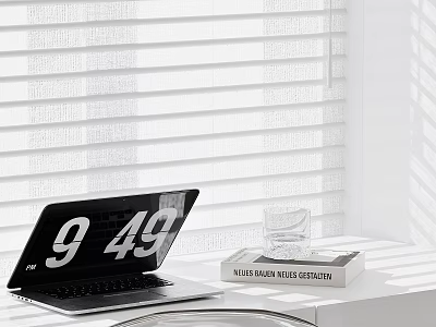 Inflatable Model Display With Laptop And Books On White Table By Blinds 3d model