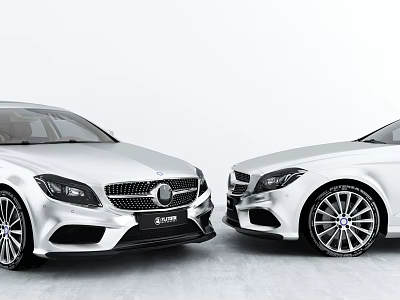 Two White Mercedes Cars Parked Facing Each Other Against White Background Setting 3d model