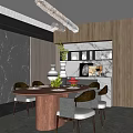 Elegant Modern Restaurant Interior With Round Dining Table Wooden Backdrop And Decorative Centerpieces