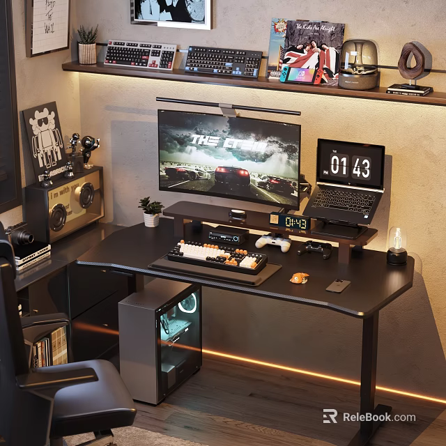 Modern Gaming Desk and Chair Set With Monitor Keyboard And RGB Lighting 3d model 
