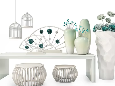Elegant Ceramic Vessels On White Table With Decorative Cage Fan Shaped Accents And Flowers 3d model