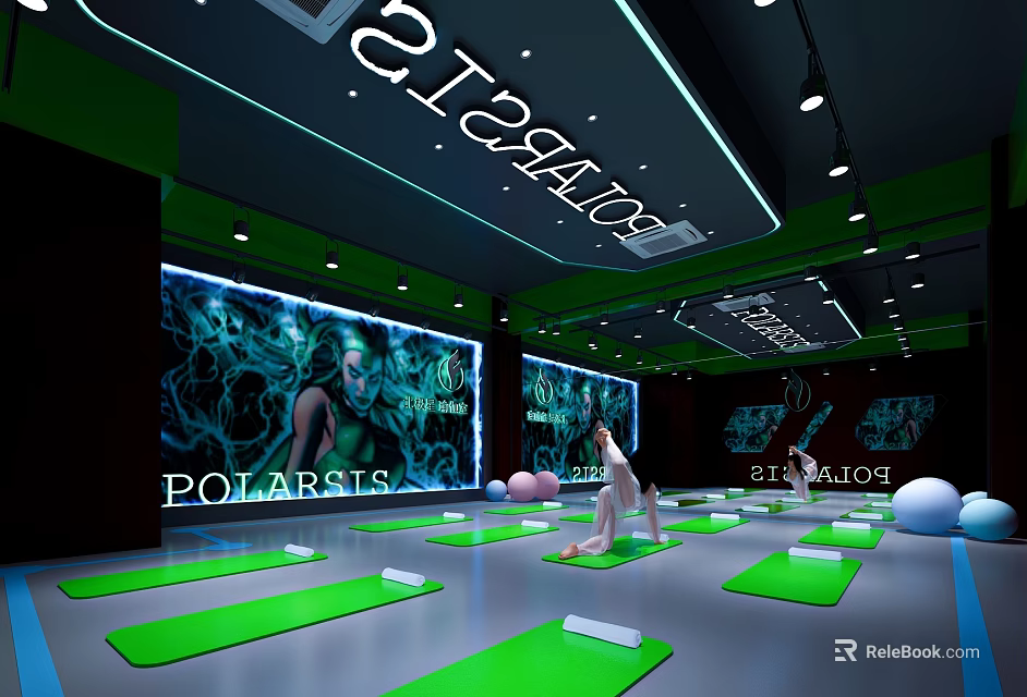 Modern Yoga Fitness Studio With Green Mats Large Screens And Fitness Balls 3d model 