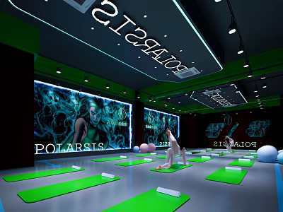 Modern Yoga Fitness Studio With Green Mats Large Screens And Fitness Balls 3d model