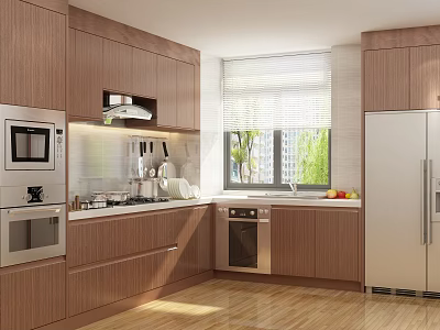 Modern Kitchen Interior Design With Wooden Cabinets Stainless Steel Appliances And Window 3d model