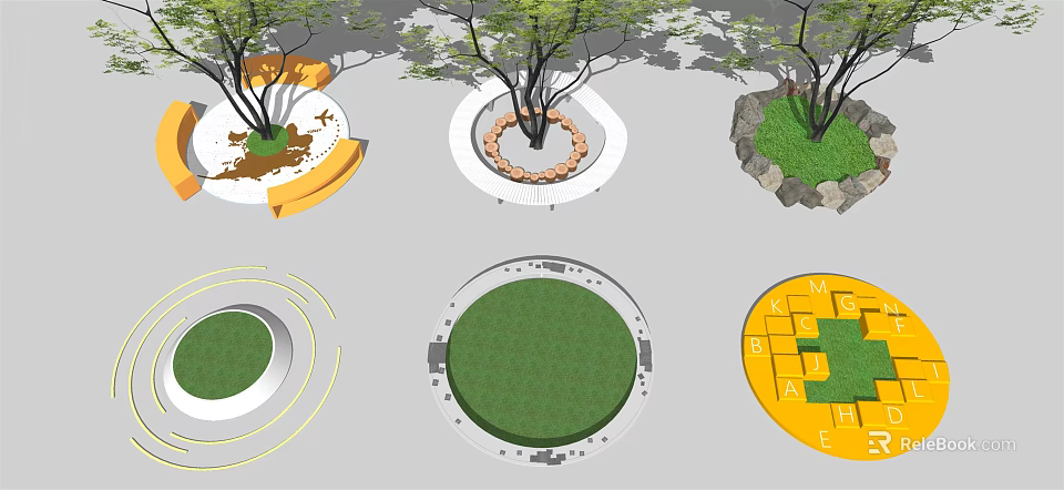 Innovative Tree Pit Designs Featuring Stone Edges Yellow Seating And Grass Paving 3d model