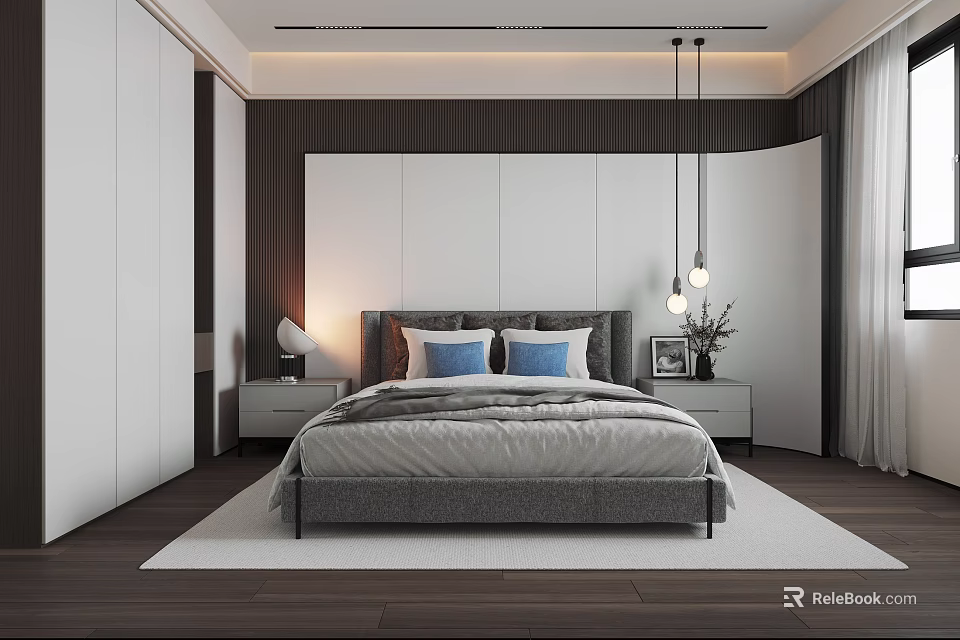 Modern Bedroom Interior with Gray Bed Blue Pillows Pendant Lights and White Wardrobes 3d model 