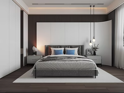 Modern Bedroom Interior with Gray Bed Blue Pillows Pendant Lights and White Wardrobes 3d model