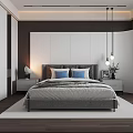 Modern Bedroom Interior with Gray Bed Blue Pillows Pendant Lights and White Wardrobes