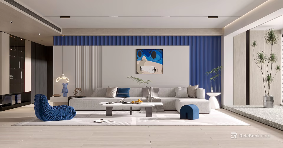 Modern Living Room Interior With Gray Sofa Blue Curtains And Wall Painting 3d model 