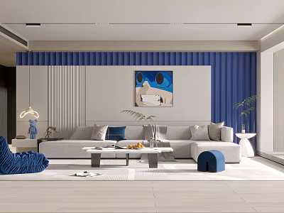 Modern Living Room Interior With Gray Sofa Blue Curtains And Wall Painting 3d model