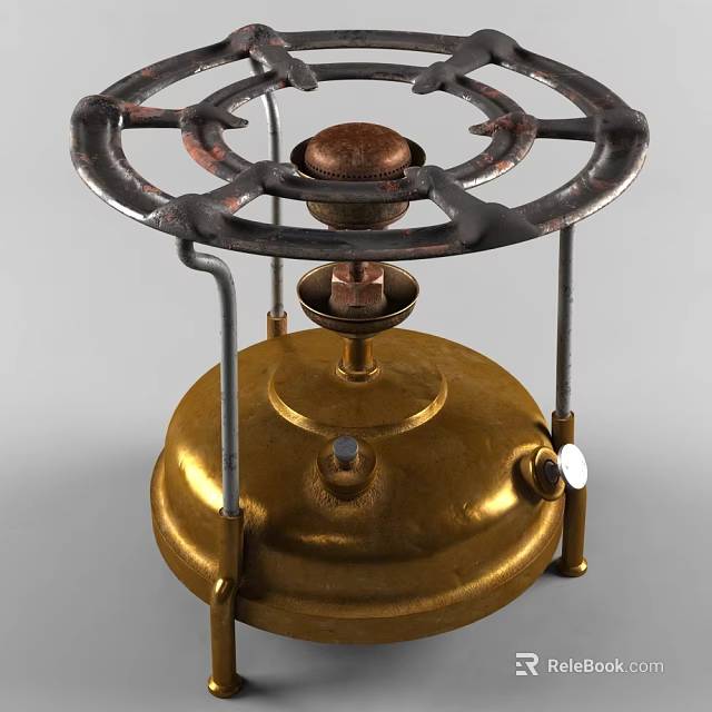 Vintage Brass Gas Stove With Metal Burner Grate And Control Knobs For Kitchen 3d model 