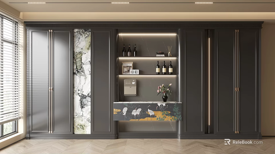 Modern Wine Cabinet Interior Design With Glass Shelves Wine Bottles And Decorative Vase 3d model 