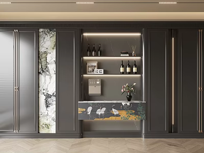 Modern Wine Cabinet Interior Design With Glass Shelves Wine Bottles And Decorative Vase 3d model