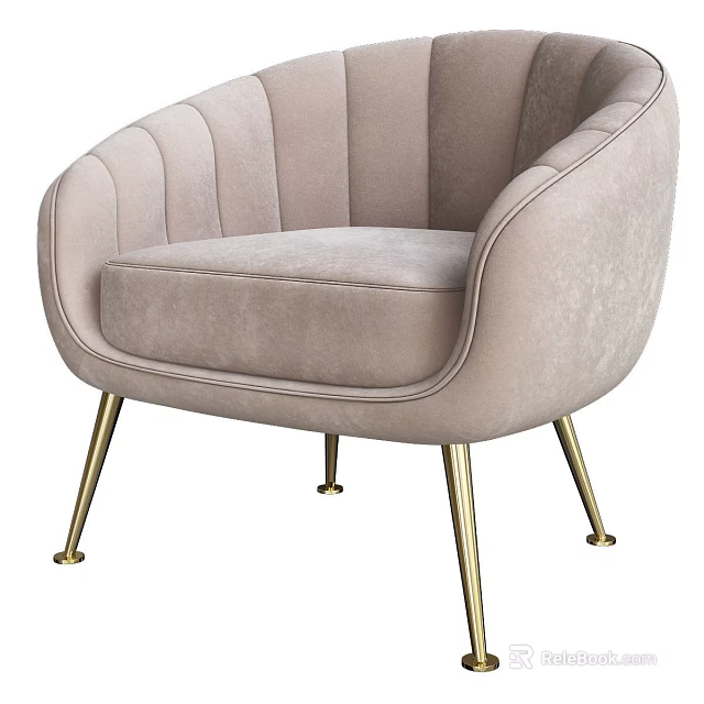 Modern Beige Velvet Single Sofa With Curved Back And Golden Metal Legs 3d model 