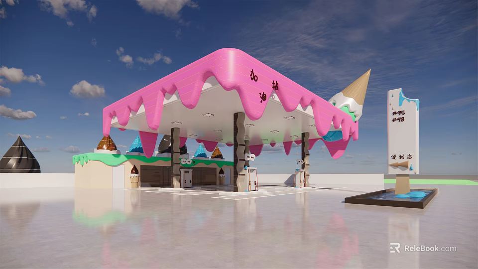 Colorful Ice Cream Themed Service Station With Pink Dripping Canopy And Cone Decorations 3d model 
