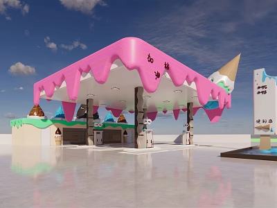 Colorful Ice Cream Themed Service Station With Pink Dripping Canopy And Cone Decorations 3d model
